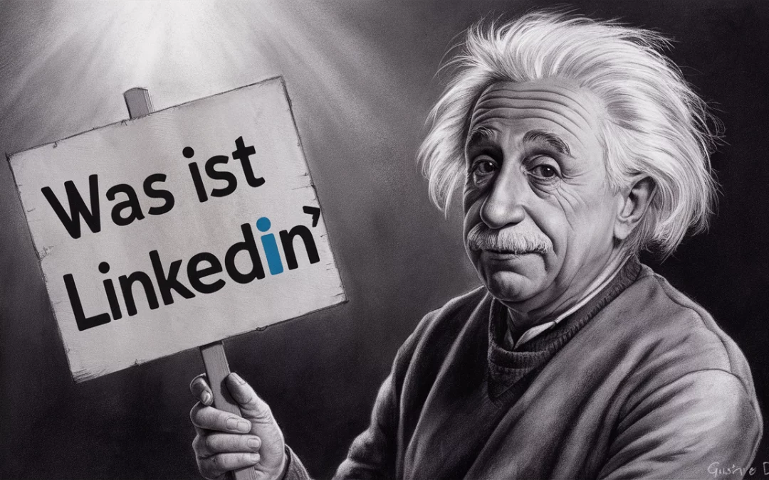 Kunstvolle Zeichnung einer personifizierten Figur, die an Einstein erinnert, mit einem Schild 'Was ist LinkedIn?', was auf die Brücke zwischen klassischer Wissenschaft und modernen sozialen Medien hinweist.